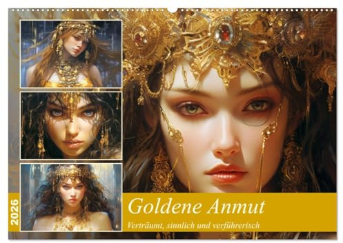 Goldene Anmut. Verträumt, sinnlich und verführerisch (Wandkalender 2026 DIN A2 quer), CALVENDO Monatskalender: Schöne Frauengesichter mit goldenem Schmuck und kunstvollen Verzierungen (CALVENDO Kunst)