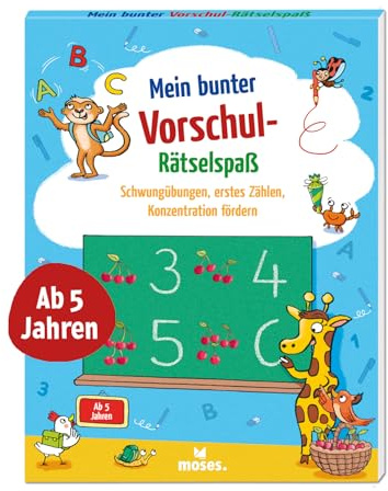 moses. Mein bunter Vorschul-Rätselspaß – Schwungübungen, erstes Zählen, Konzentration fördern, Rätselblock ohne Text, ab 5 Jahren, ideal zur Vorbereitung