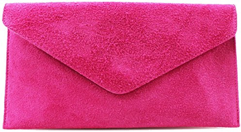 YourDezire Genuine Italian Suede Leather Envelope Clutch Bags Party Wedding Purse Handbag Cross Over Bag (Fuchsia)
