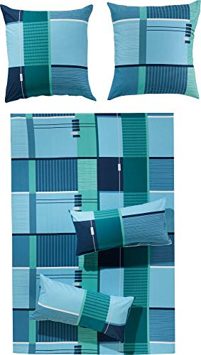 Erwin Müller Bettwäsche, Bettgarnitur, Kissenbezug Flanell blau-türkis Größe 80x80 cm / 200x200 cm - kuschelig warm, temperaturausgleichend und pflegeleicht, mit praktischem Reißverschluss