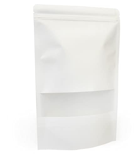 50 sacchetti per alimenti riutilizzabili bianchi con finestra, 20 x 30 cm, sacchetti di carta autoportanti con finestra, autosigillanti con chiusura a zip/risigillabili a caldo, per tè, noci, semi,