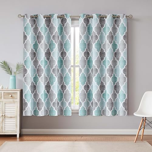 Beauoop Teal Grey Blackout Curtains for Bedroom 54 Inch Drop Geometric Curtains Lattice Moroccan Print Room Darkening Thermal Insulated Energy Efficient Window Curtain Drapes 2 Panels