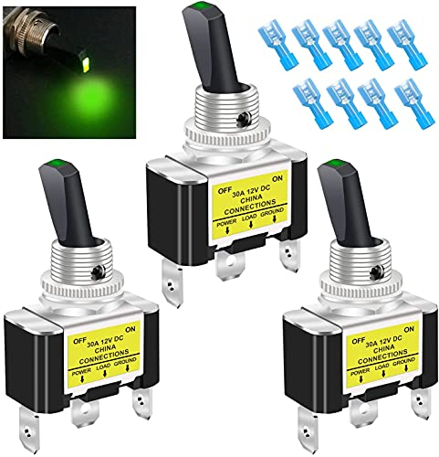 mxuteuk 3 pezzi Interruttore a levetta illuminato a bilanciere 30A 12V DC SPST ON/OFF 3Pin barca automatica auto,Con luce illuminata a LED verde