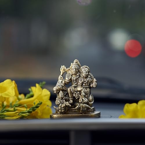 eSplanade Messing-Idol der Shiv-Parvati-Familie – Gott-Idol für das Armaturenbrett des Autos – 5,7 cm Shiv-Familien-Murti als Schreibtischdekoration | Schaustücke zur Einweihung