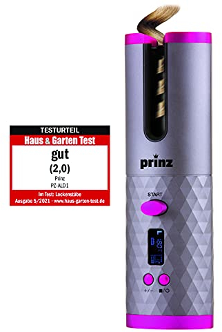 Prinz Akku-Lockendreher PZ-ALD1 – kabelloser Lockenstab mit Keramikbeschichtung, Rechts-/Linkslauf, 150–200 °C, Timer 8–18 s, USB-Ladekabel