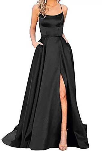 Onsoyours Ballkleider Off Shoulder Kleider Damen Lang Elegant Hochzeit A-Linie Criss-Cross Satin Spaghetti Party Prom Maxi Dress Abendkleider Schlitz Brautkleid Festkleider mit Taschen