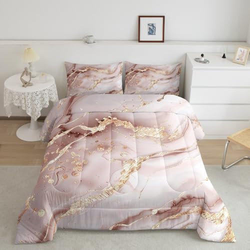 Rose Gold Marble Bedding Set Marble Pattern Comforter Set for Kids Children Teens Golden Glitter Cracked Lines Comforter Liquid Abstract Art Duvet Set Bedroom Decor Quilt Set Full Size