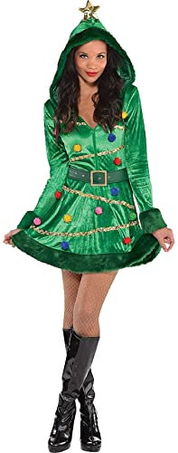 Women Christmas Tree Costume Velvet Hooded Dress Costumes Adult Funny Xmas Outfit Tree Shaped Party Dress Outfit (Green, XL)