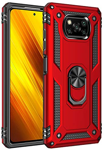 Coque pour Xiaomi Poco X3 NFC/Poco X3 Pro Housse Antichoc avec Anneau Rotatif Aimant 360 Degrés Etui Magnétique Rigide Dure Armure Bague Support Renforcée (Xiaomi Poco X3 NFC/Poco X3 Pro, Rouge)