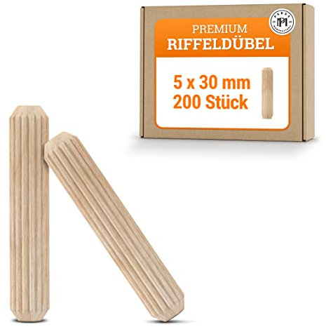PARSA Manufactory - Lot de 200 chevilles en bois 5 mm x 30 mm, fabriquées en Allemagne - Lot de chevilles ondulées en hêtre DIN68150, chevilles en bois - Haute qualité, ajustement parfait, sans