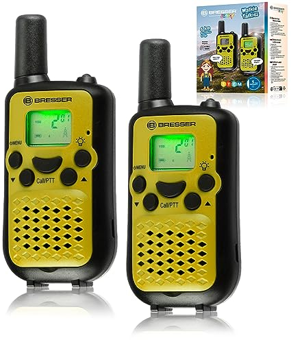 Bresser Junior Walkie-Talkies für Kinder, 2er-Set, Funkgeräte mit sehr hoher Reichweite bis zu 6 km, Frei-Hand-Funktion und integrierter Taschenlampe, Gelb