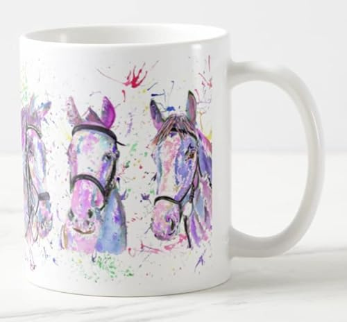 Vixar Horse x 3 in Pink Farm Animal Watercolour Art Coloured Mug Cup Gift Birthday Work Office Christmas Tea Coffee (White)