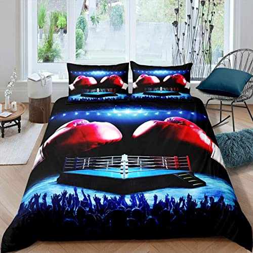 Loussiesd Boxen Bettwäsche Bettwäsche fürs Bett Teenager Boxhandschuhe Muster Bettwäsche-Set Sportthema Bettbezug für Jungen Mann Boxkampf Bettbezug 135x200cm Rot Blau, atmungsaktiv kühl Mikrofaser