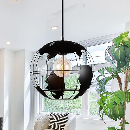 HäNgeleuchte Globus Pendelleuchte HäNgeleuchte Kugel Retro Lampenschirm HäNgelampe Aus Metall E27 Kronleuchter Deckenleuchte Erde FüR Esszimmer Schlafzimmer Wohnzimmer Esszimmer Küche, Schwarz