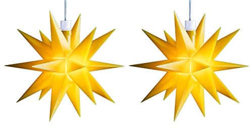 Novaliv 2er SPARSET LED Dekosterne Klein 8cm GELB mit Batteriefach für 3 AA Batterien 6h Timerfunktion (1,5m Kabel) Weihnachtsdeko Fenster beleuchtet 3D Stern 18 Zackig Leuchtstern LED Stern Kinder