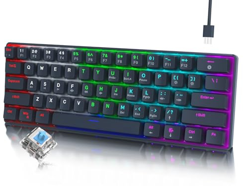 RAZEAK Teclado portátil 60%, compacto 61 teclas mini teclado mecánico para PC / Mac Gamer conmutable colorido retroiluminado - Interruptor azul - Negro