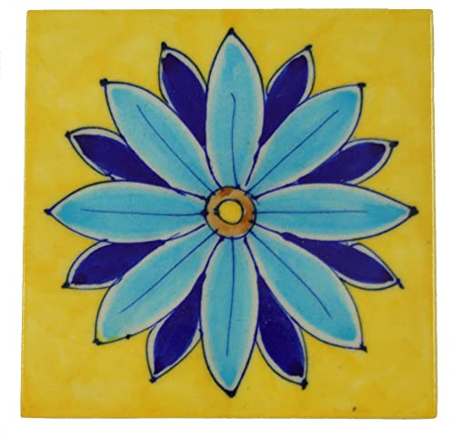 GURU SHOP Handbemalte Indische Keramikfliese, Vintage Keramik Untersetzer - Motiv 23, Gelb, 10x10x0,7 cm, Untersetzer, Tabletts