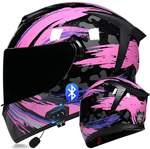 Bluetooth Motorrad Helm Full Face Flip Up Motorrad Helm Mit Mikrofon DOT/ECE Genehmigt Tail Wing Design Noise Reduction Mit Anti-Fog Double Visor Für Erwachsene Männer Frauen,Pink b,S
