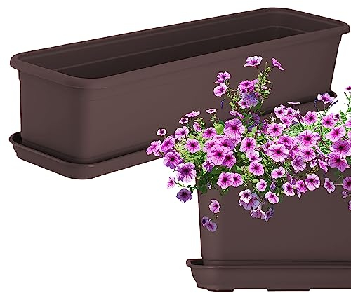 KADAX Jardinière de 60 cm marron avec soucoupe – Jardinière de balcon en plastique pour intérieur et extérieur Pot de fleurs pour balcon, terrasse, rebord de fenêtre