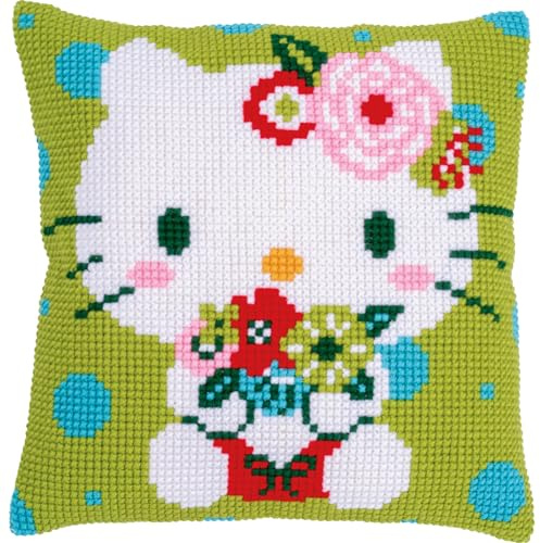 VERVACO Kreuzstich Stickpackungen Kissen Stickerei Set Anfänger Vorgedruckt Hello Kitty Green Floral DIY Set Kreativ Set Für Erwachseneca. 40 x 40 cm Bastelset Handwerker Haus Dekoration