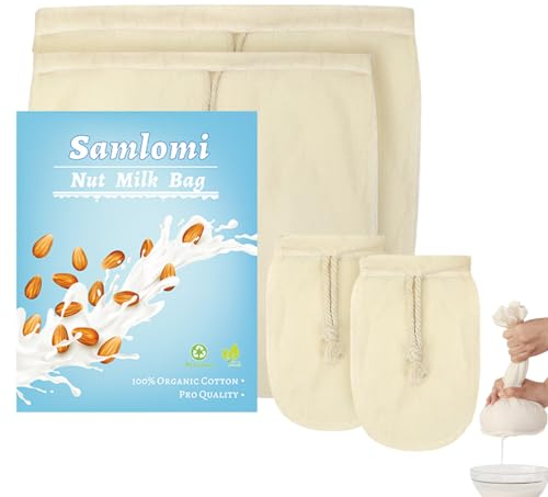 Samlomi Nut Milk Bag 4 Pack Unbleached Bags Reusable Organic Cotton Straining Bags, Milk Nut Bag Mesh Strainer, Cheesecloth Bags (12X12 & 8X10 & 2 * 4X6)
