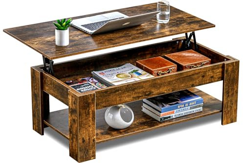 Wooden Coffee Tables, Lift Top Coffee Table for Living Room, Coffee Table with Storage with 1 Shelf Large Hidden Storage Rectangular Lift-Top Sofa End Tea Table Rustic Brown 120x60x(49.5-62.5) H cm