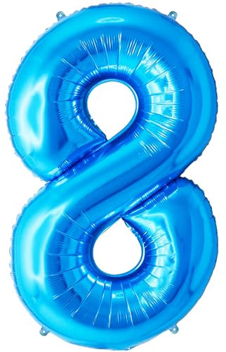 FUNFEST 8-Jähriger Geburtstagsballon, blaue Farbe, 100 cm – Geburtstagsballon-Dekoration – inklusive 8-Jähriger XL-Ballon und Strohhalm – Fliegen mit Helium