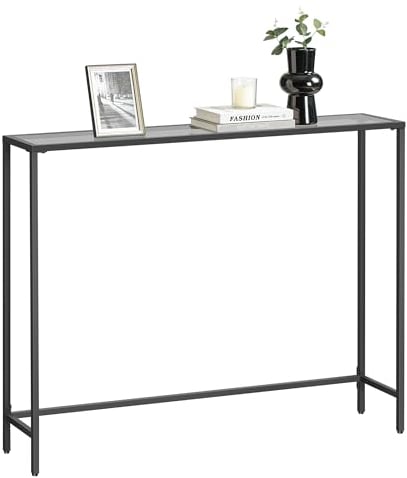 VASAGLE Mesa de Consola, Mesa de Entrada, Extremo del Sofá, Tablero de Vidrio Templado, Marco de Metal, Patas Ajustables, para Salón, Entrada, Pasillo, Negro Tinta y Gris Pizarra LGT132B01