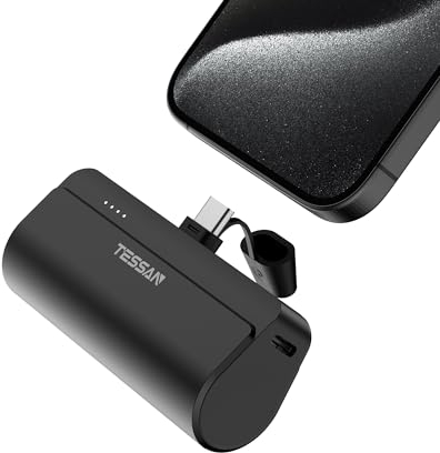 TESSAN Power Bank USB C, 5000mAh Mini Powerbank 10,5W, Externe Akkus für Phone und Pad, Externe Akkus Klein Eingebauter USB C Stecker, Anwendbar auf Reisen Geschäftsreise, Schwarz