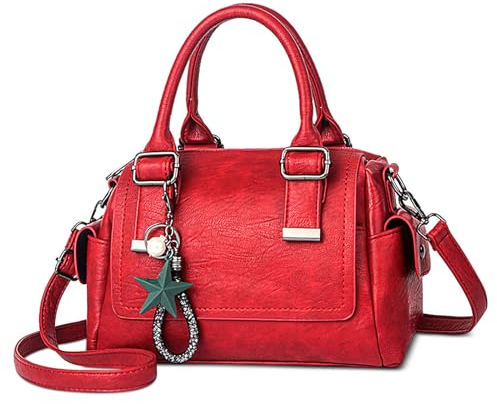 SODOLLEE Handtasche Damen Henkeltaschen mit Exquisiter Anhänger Frauen Retro Top Griff Tasche Umhängetasche PU Leder Schultertasche für Arbeiten Reisen Shopper Rot