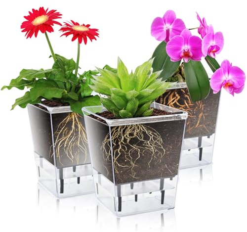 IWTTWY Juego de 3 macetas de riego automático, modernas macetas transparentes para plantas de interior con depósito y cordón de mecha, macetas para orquídeas, violeta africana, rosa, tulipanes (3