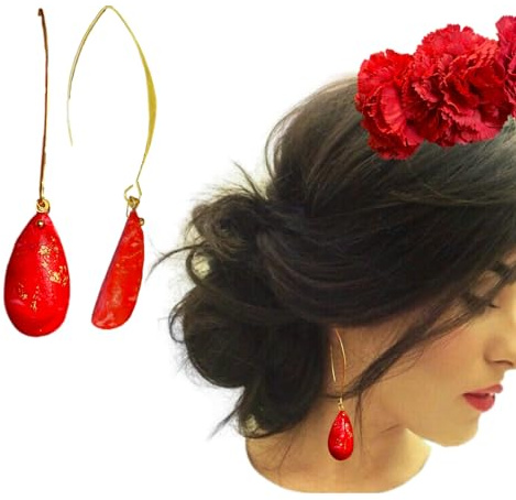Pendientes Flamenca Mujer Imitación Piedra Natural HECHO EN ARCILLA POLIMERICA, ligeros-Dorados y distintos Rojos-Complementos flamenca-Pendientes Sevillana-Feria de Abril Accesorios