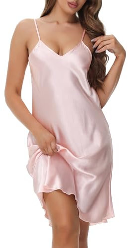 Starblazia Nuisette Femme Sexy Col V Satin Chemise de Nuit Courte sans Manches avec Bretelles Reglables Robe de Nuit,XXL,Rose