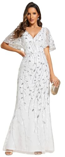 Ever-Pretty Women's Elegant Mermaid Ruffle Sleeve V Neck Shiny Maxi Bridesmaid Dresses White 18UK