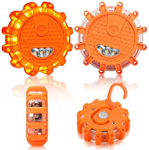 Snarflun 2 Pièces Girophare LED Vehicule, Gyrophare LED Sans Fil Étanche avec Magnetique, Gyrophare Orange Alimentée par Batterie,9 Fonctions de Lumière, pour Voitures Camions et Véhicules Utilitaires
