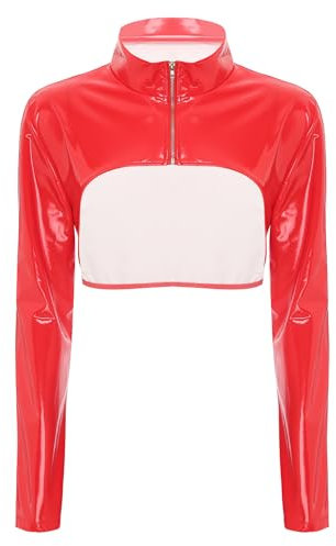 inhzoy Damen Wetlook Top Lack Leder Crop Jacke Bauchfrei Langarm Latex Ledershirt Mit Stehkragen Reißverschluss Party Clubwear Rave Gogo Rot XL