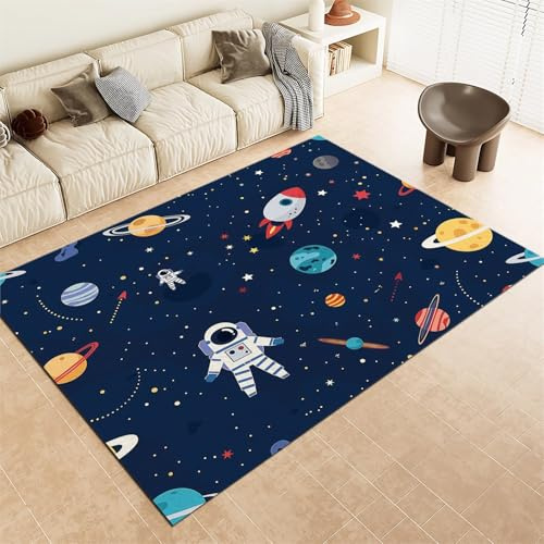 Teppich Wohnzimmer Kurzflor Cartoon Star Astronaut Schlafzimmer Flauschig Rechteckiger rutschfest Für Kinderzimmer Teppich Jungen Waschbar Fußmatte 60 X 90 cm, Blau