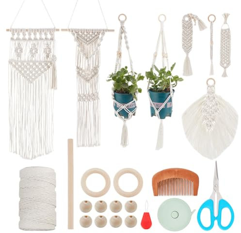 IFNUNLY 8 Set DIY Macrame Kit for Beginners 3 Style Macrame Wall Hanging Tapestry Handmade Boho Macrame Wristlet Keychain White Macrame Plant Hanger Kit with Instruction Birthday Gift Home Decor