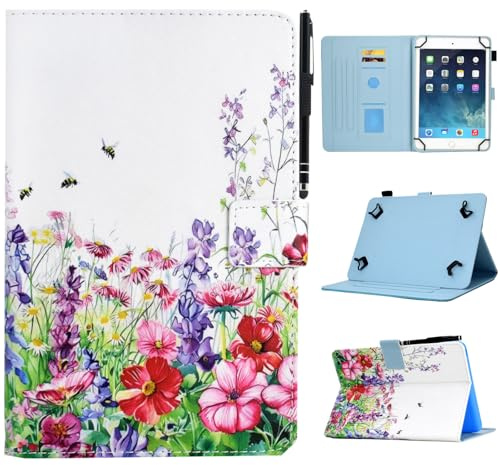 KEROM Universal 10.1 Zoll Tablet Hülle, PU Leder Schutzhülle für Alle 9,5 Zoll bis 10,5 Zoll Android/iOS/Windows Tablets, Blumen