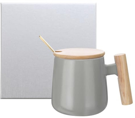 sourcing map Ceramic Coffee Mug Set 12.85 Oz Simple Wooden Handle Large Tea Cup Handmade Ceramic Mugs Gift Box with Lid and Spoon for Office Kitchen Home and Gifts for Women and Men, Gray