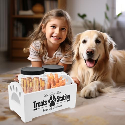 Wood Dog Treat Container, Dog Food Storage Container with 2 Plastic Jars, Rustic Cat Treat Container Dog Treat Jar Practical Dog Biscuit Storage Jar Pet Accessories for Pet Owners and Lovers(white)