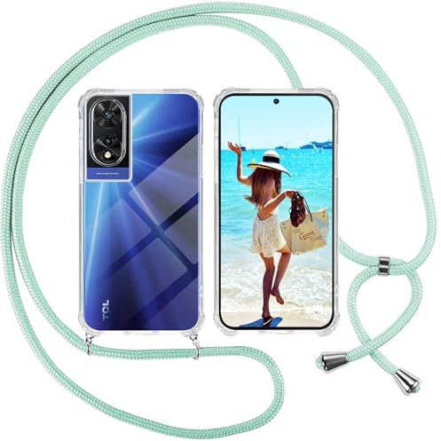 ISOI Funda con Cuerda para TCL 505, Carcasa Transparente TPU Suave Silicona Case con Correa Colgante Ajustable Collar Correa de Cuello Cadena Cordón, Verde