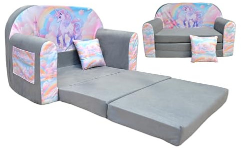 nana shop Kindersofa Ausklappbar, Kindercouch mit Bettfunktion, Spielsofa mit Schlaffunktion, Kindercouch 2in1, Mini Sofa für Kinderzimmer, Schlafsofa für Kinder (Einhorn)