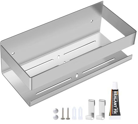 EXLECO Duschablage Ohne Bohren Duschregal Wand Edelstahl Badregal mit 2 Haken Duschkorb Selbstklebende Bad Regal Badezimmer Aufbewahrung Wandregal für Shampoo Duschgel 23CM 7.5cm Hoch Gebürstet Silber