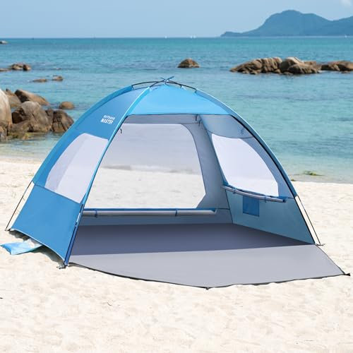 OutdoorMaster Strandzelt für 3/4 Personen - Einfach aufzubauender Sonnenschutz Shelter, tragbarer Strandschatten-Sonnendach mit UPF 50+ UV-Schutz, abnehmbares Dachfenster Familiengröße - 3 Personen