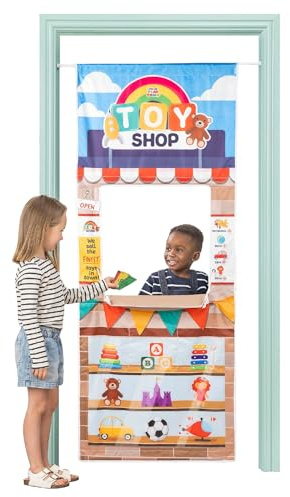 Pop Up Play Town Hanging Doorway Toy Shop, Kids Role Play Toys with Curtain and Tension Rod for Kids 3-7