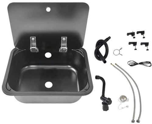 WANGCEPLSD Lavabo Cucina, Set di Lavandini per Camper 380x275x180 Mm, Acciaio Inossidabile 304, Rubinetto Pieghevole e Coperchio in Vetro, per Yacht, Camper, Roulotte, Dotato di Accessori