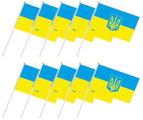 Ukraine-Mini-Flagge, 14 x 21 cm, handgehaltene kleine ukrainische Flaggen auf Stab, klein mit Kunststoffstangen, Flagge Ukraine, für 10 Stück
