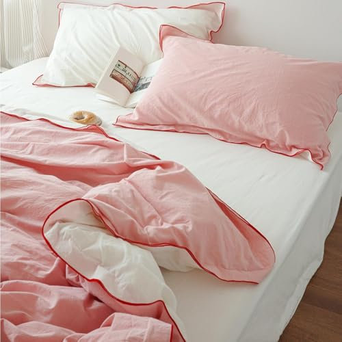 Sedefen Housse de Couette 220x240 cm Rose Blanc + 2 taies d'oreiller 65x65cm Ado Fille Adulte Réversible Romantique Parure de Lit 2 Personnes Avez Fermeture Éclair
