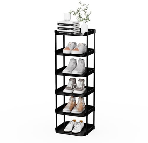 Altdnmaf 6 tier Narrow Shoe Storage Rack, Compact Single Shoerack Stand for Slim Space, Stackable Tall Thin Show Tower, Vertical Plastic Shelves, for Hallways, Kitchens, Bedrooms Tidy Organizer, Black